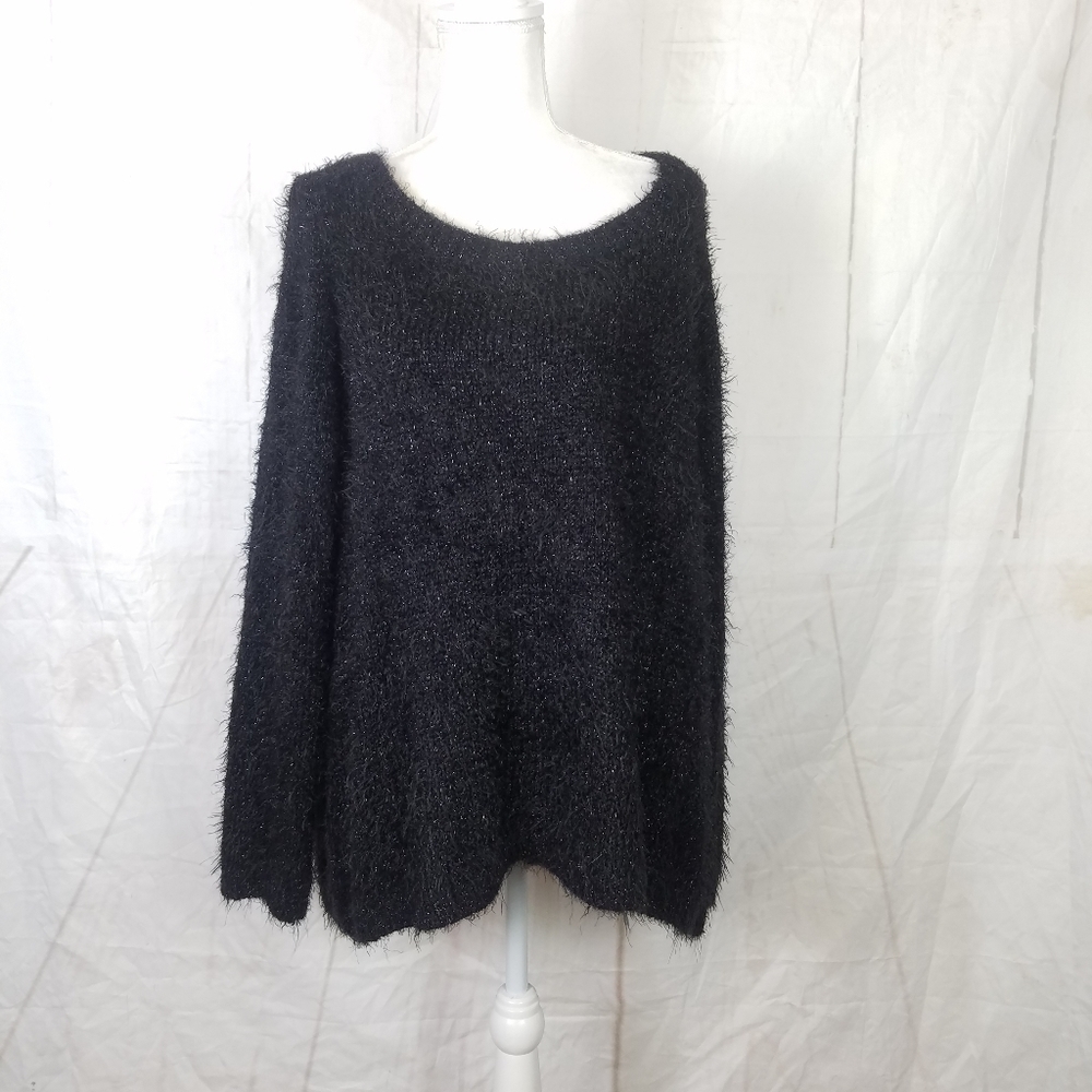 Jennifer Lopez black eyelash fuzzy tie back sweater